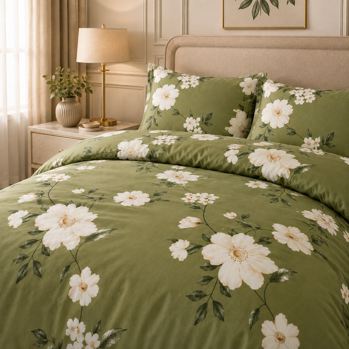 Lenjerie DELUXE Bumbac Satinat 4 Piese Pat Dublu – Verde Oliv cu Flori Albe cu Elastic