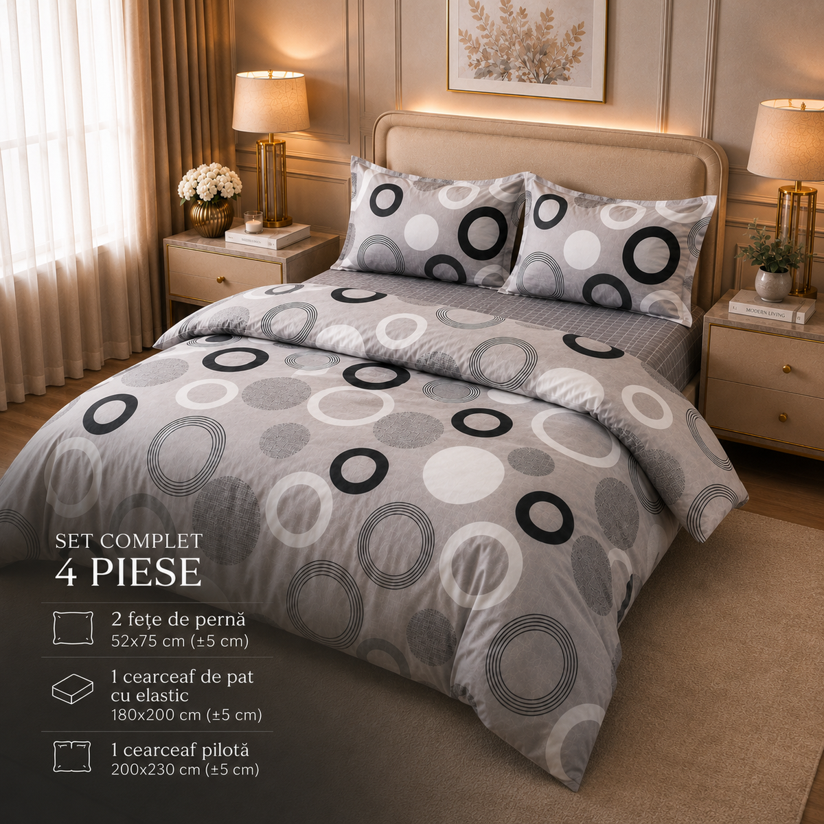 Lenjerie DELUXE Bumbac Satinat 4 Piese Pat Dublu – Gri cu Cercuri Abstracte cu Elastic