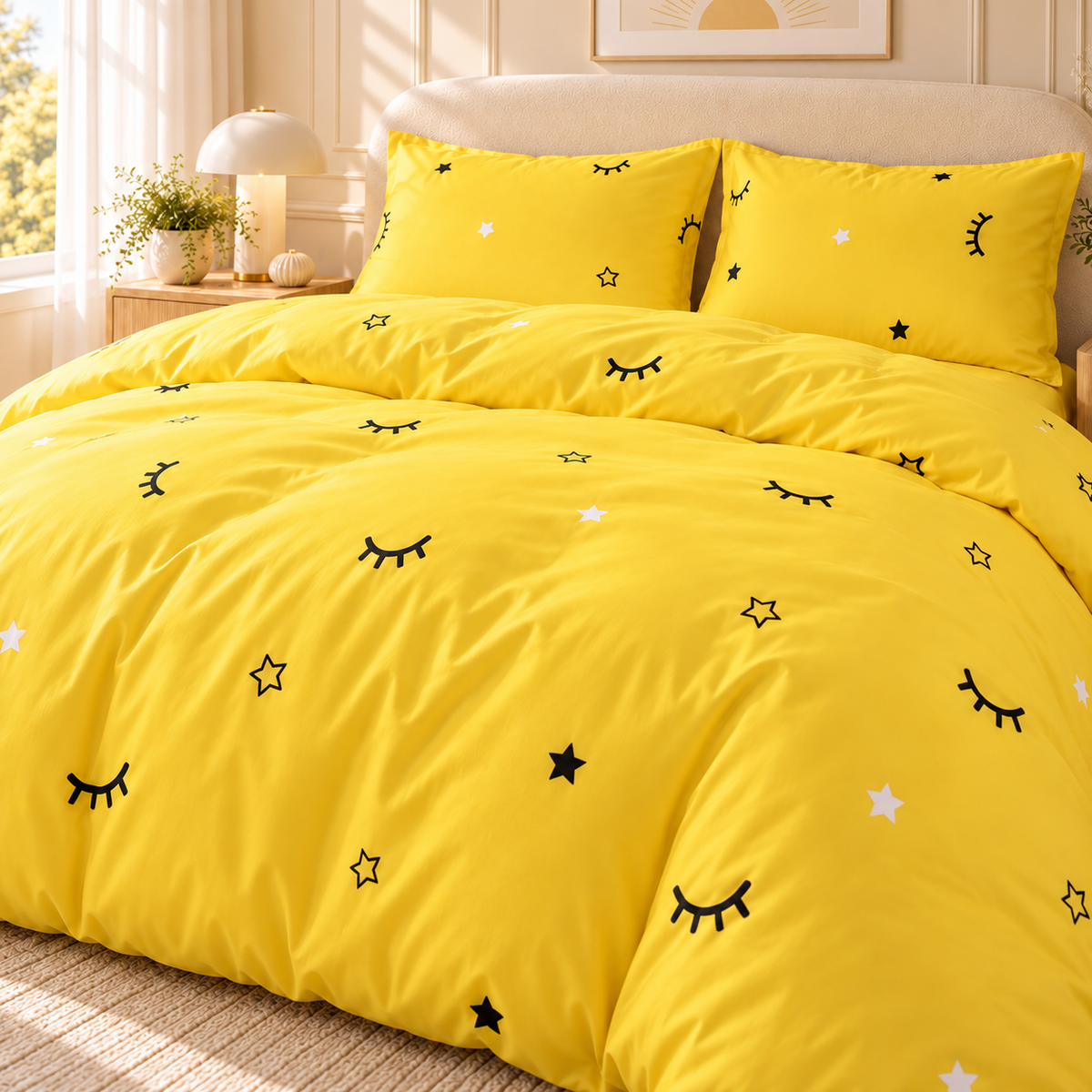 Lenjerie DELUXE Bumbac Satinat 4 Piese Pat Dublu – Galben cu Stele