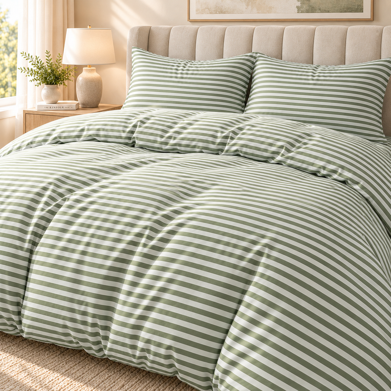 Lenjerie DELUXE Bumbac Satinat 4 Piese Pat Dublu – Verde cu Dungi Albe