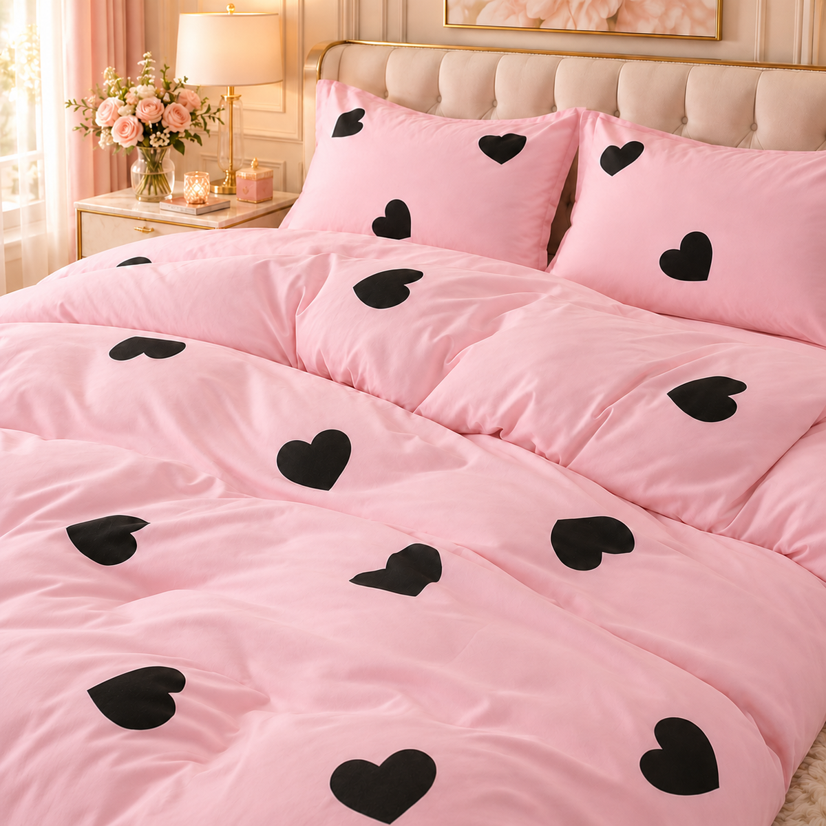 Lenjerie DELUXE Bumbac Satinat 4 Piese Pat Dublu – Roz cu Inimi Negre