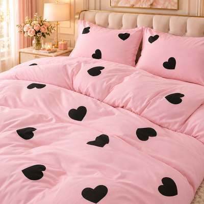Lenjerie DELUXE Bumbac Satinat 4 Piese Pat Dublu – Roz cu Inimi Negre