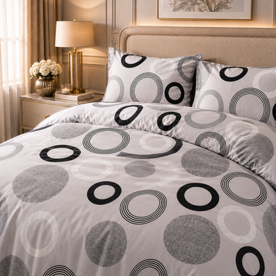 Lenjerie DELUXE Bumbac Satinat 4 Piese Pat Dublu – Gri cu Cercuri Abstracte cu Elastic
