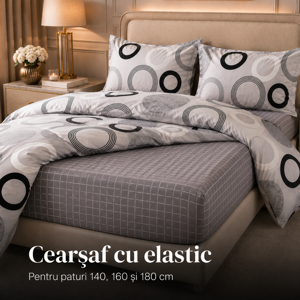 Lenjerie DELUXE Bumbac Satinat 4 Piese Pat Dublu – Gri cu Cercuri Abstracte cu Elastic