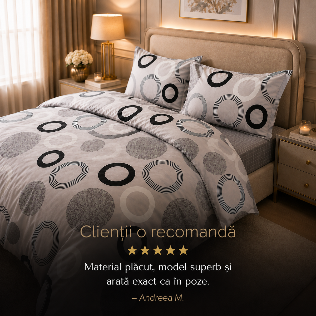 Lenjerie DELUXE Bumbac Satinat 4 Piese Pat Dublu – Gri cu Cercuri Abstracte cu Elastic