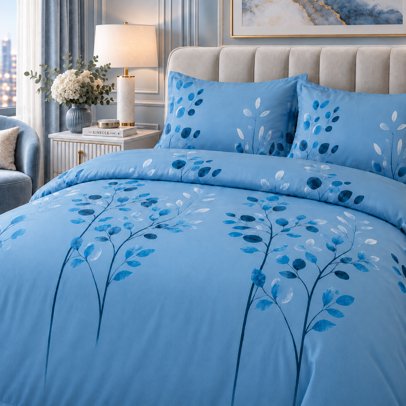 Lenjerie DELUXE Bumbac Satinat 4 Piese Pat Dublu – Bleu cu Frunze Albastre cu Elastic