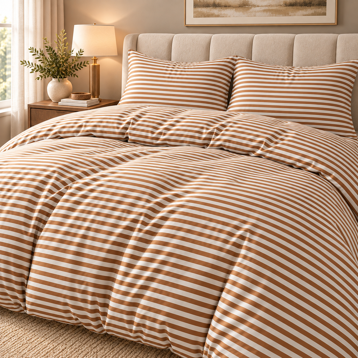 Lenjerie DELUXE Bumbac Satinat 4 Piese Pat Dublu – Caramel cu Dungi Albe