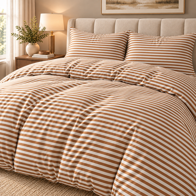 Lenjerie DELUXE Bumbac Satinat 4 Piese Pat Dublu – Caramel cu Dungi Albe