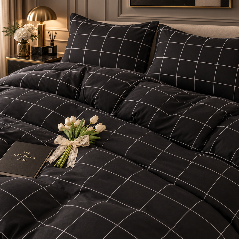 Lenjerie DELUXE Bumbac Satinat 4 Piese Pat Dublu – Negru cu Carouri Albe