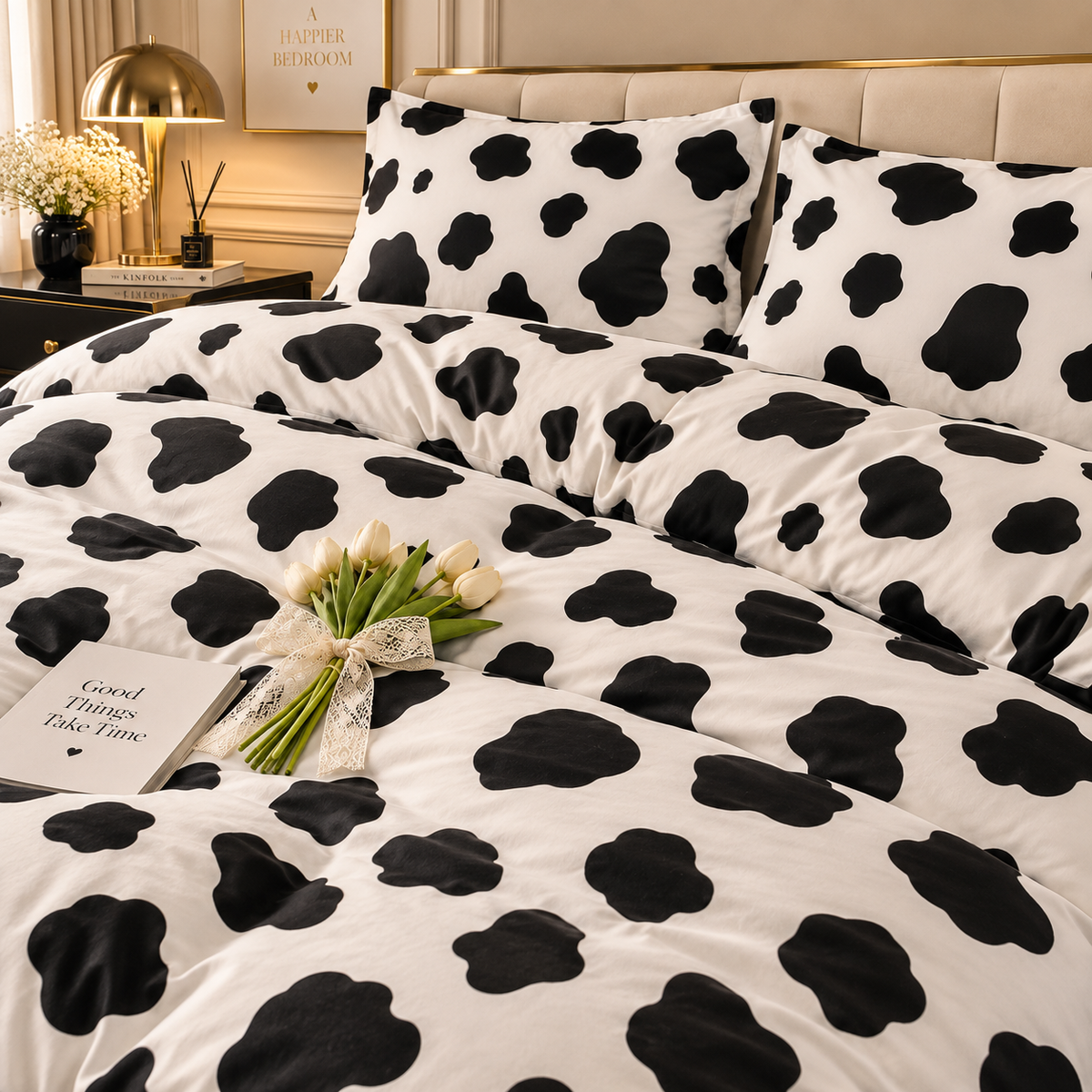 Lenjerie DELUXE Bumbac Satinat 4 Piese Pat Dublu – Model Văcuță Alb-Negru
